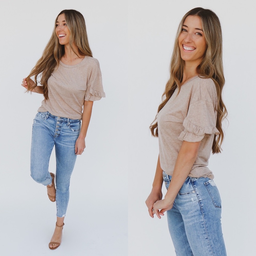 taupe ruffle sleeve top - Picture 1 of 2